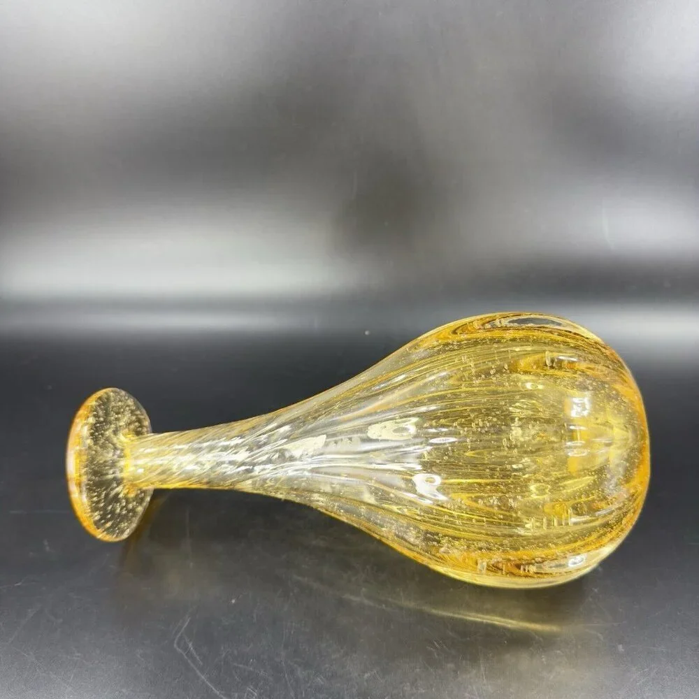 Art Glass Vase Yellow With Twisted Top Small Air Bubbles All Over Glass Vase VTG